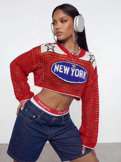 Gowayae Gowayae Y2K 美国纽约复古星形性感网纱镂空露脐针织短款上衣，女士透视露脐套头毛衣