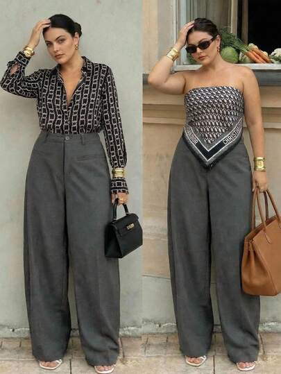 Anewsta 女士夏季通勤套装，时尚奢华宽松深灰色大码西装裤，优雅小众设计女士长裤。适合通勤、外出、约会、日常穿着和派对等场合。