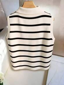 Airaco Camiseta de tirantes de punto con cuello y rayas elegante y casual para mujer - Blanco y Negro - Ver 2
