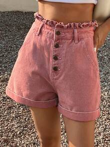 Spring & Summer Casual Frill Trim Pink Cotton Women's Denim Shorts - Pink - View 3