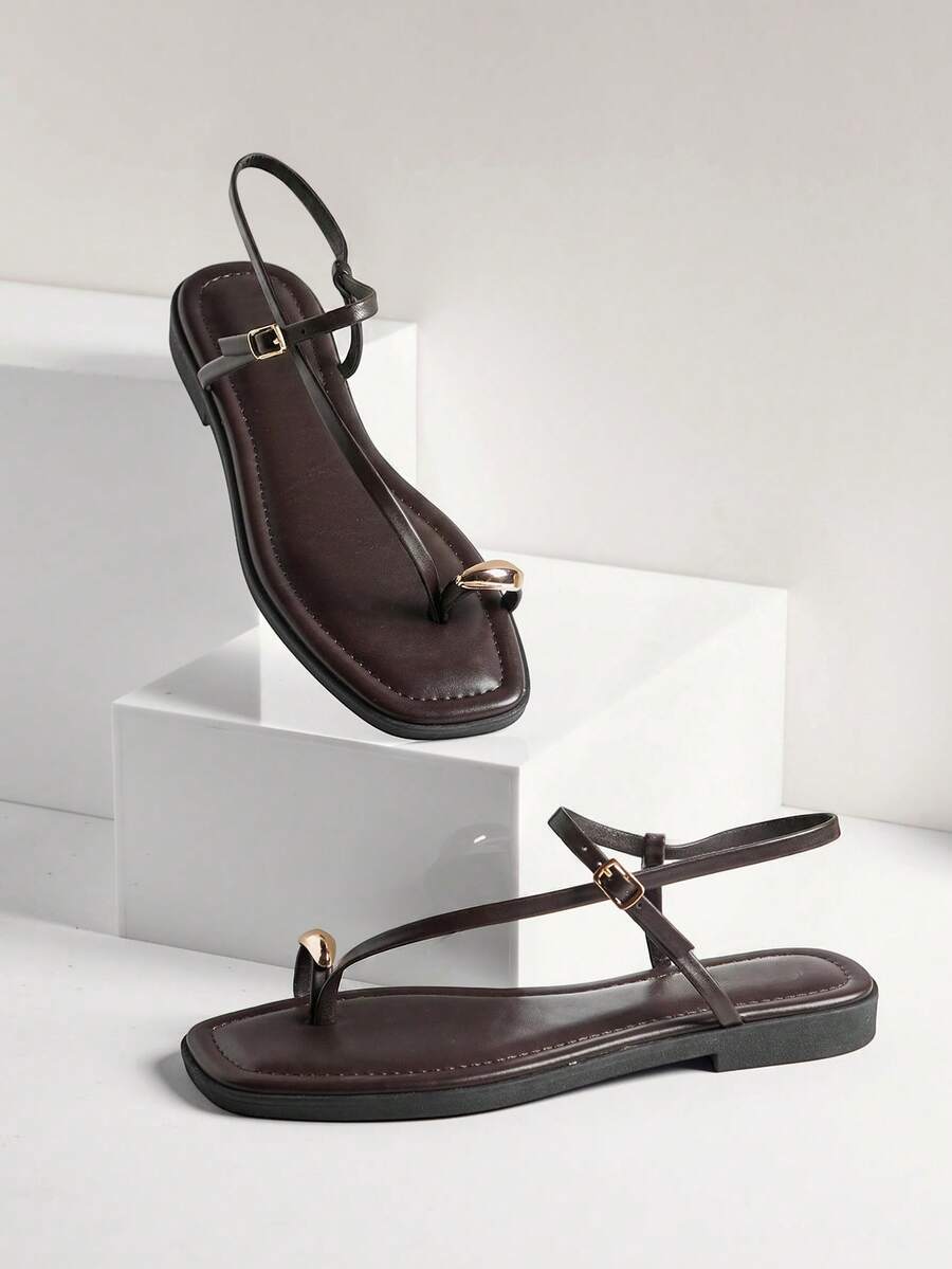 SHUZIA Women's Comfortable Gold Metal Toe Ring Ankle Strap Flat Sandals - Chocolate Brown - View 1