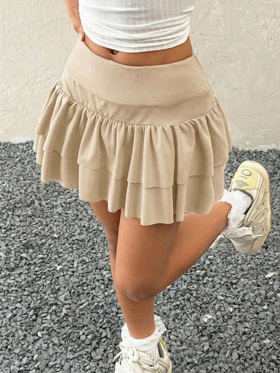 Coolane Kids Tween Girls Summer Streetwear Y2K Tropical Vacation Velvet Cute Ruffle Layered Mini Skir - Khaki - View 1