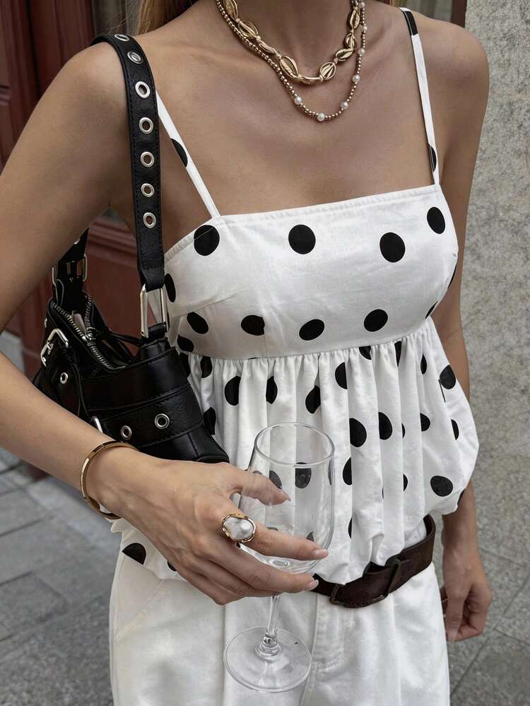 Women's Polka Dot A-Line Bubble Hem Camisole Camisole, Suitable For Spring & Summer