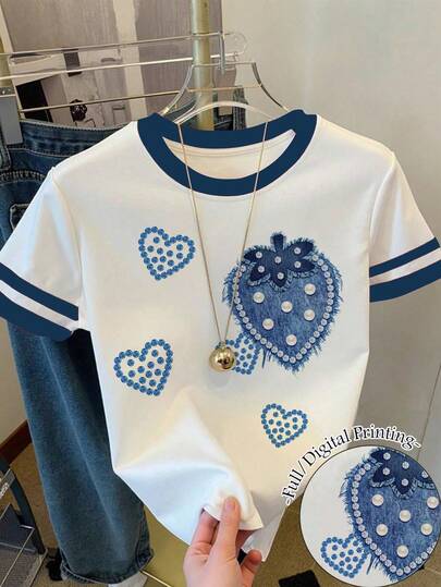SHEIN 女童草莓印花宽松休闲撞色条纹圆领T恤上衣，适合夏季、日常穿着、返校季、与姐妹搭配、度假、母亲节等场合。