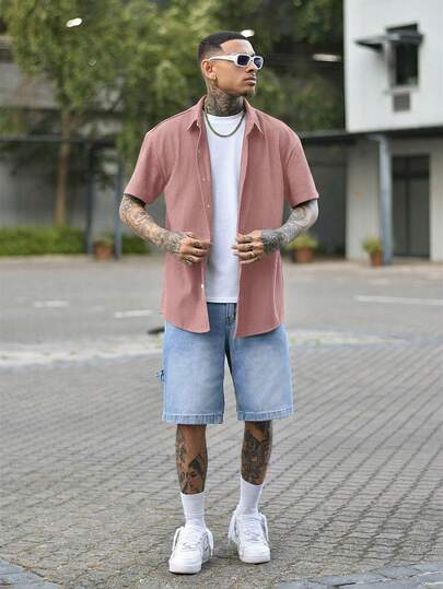 Devon Thys 复古风男士罗纹针织Polo衫，短袖翻领，纯粉色纹理衬衫，适合夏季度假、休闲和办公穿着。是送给爸爸或丈夫的绝佳圣诞节和新年礼物。