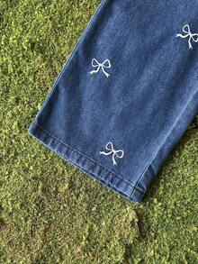 Bộ 2 món cho bé gái mùa hè/xuân, chất liệu denim xanh đậm, kiểu dáng thường ngày, có dây đeo nhún bèo, ống rộng in hình bướm, cạp chun. - Màu xanh lam - Xem 7