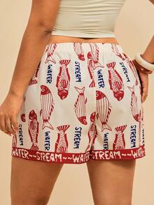 Travachic Plus Size Sardine Fish Print White Beach Shorts,Women's Summer Tropical Resort Wear With Drawstring Decor,Ruffle Trim,Vacation Casual Chic Fashion - Multicolor - View 2