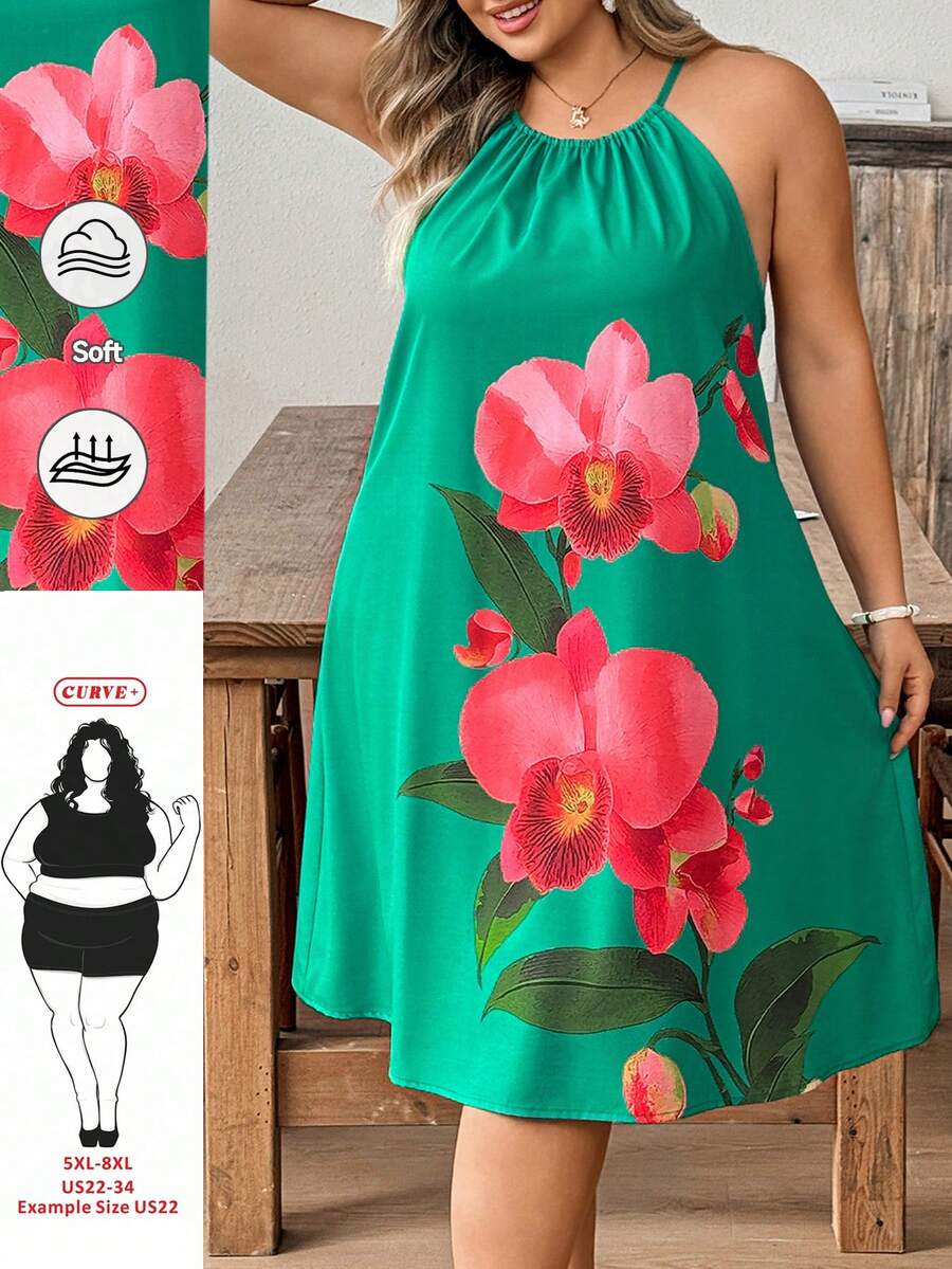 SHEIN CURVE+ Vestido mini de vacaciones con estampado floral verde romántico, con cuello halter y tirantes de amarre para mujer de talla grande - Verde - Ver 1