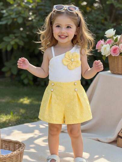 Souflis Souflis 夏季女童套装，可爱3D黄色花朵白色罗纹背心+高腰珍珠串珠提花短裤两件套，时尚柔和的黄色，舒适亲肤，适合度假、生日派对、休闲穿着，INS潮流风格，可爱学院风，时尚女童夏季休闲套装