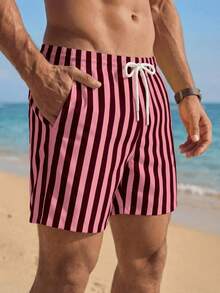 SHEIN (Exceto para bebês e crianças) Shorts de praia listrados masculinos, ideais para férias, encontros e viagens à ilha. - Multicolorido - Ver 4