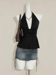 SHEIN PETITE CURVE قميص كاميسول صيفي مريح للنساء ذوات الأحجام الكبيرة، بلون أحادي، مطوي الخصر، ظهر مكشوف، رباط أمامي - الأسود - مشاهدة 6