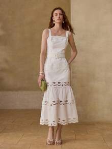 MOTF PREMIUM ĐẦM DÀI NỮ CÓ THẮT LƯNG VÀ VIỀN XẾP BÈO - trắng - Xem 4