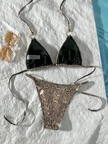 Swim SXY 女士金箔蛇纹印花三角吊带串珠泳衣套装 - 棕色 - 查看 2