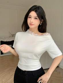 Modelyn White Asymmetrical Shoulder Lace Trim Waist Fitted Short Sleeve T-Shirt - White - View 8