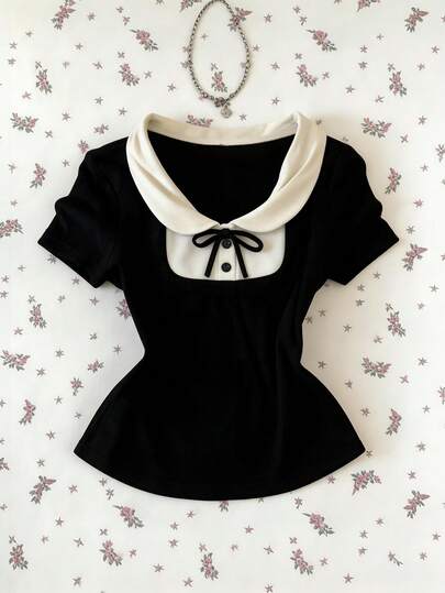 SHEIN Franclia Áo kiểu nữ tay ngắn ôm dáng, phối màu đen trắng tương phản, mẫu mới về mùa xuân/hè, thích hợp mặc đi chơi, đi làm, dự tiệc, nghỉ lễ.