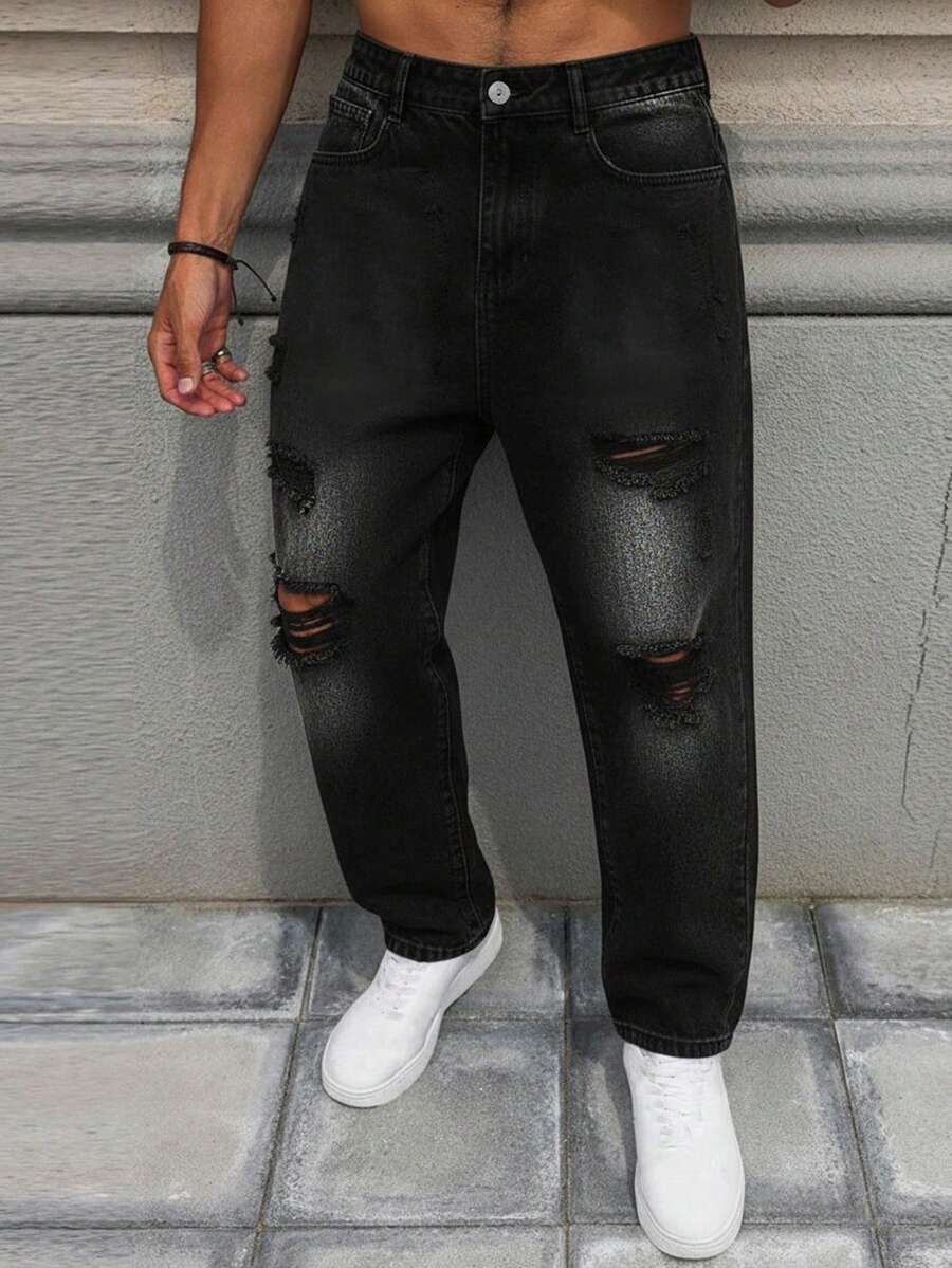 Manfinity Homme 男士休闲百搭日常牛仔裤,带口袋、纽扣设计和做旧细节 - 黑色 - 查看 1
