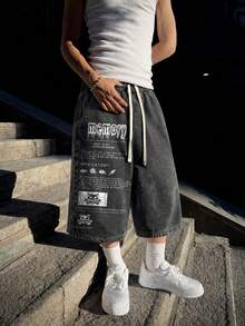 Manfinity EMRG Quần dài lửng 7/8 bằng cotton in hình mèo phong cách retro dành cho nam, thích hợp cho các lễ hội âm nhạc. - màu đen - Xem 2
