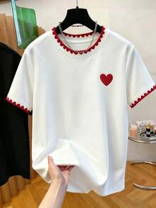男士心形图案仿刺绣T恤 | 红色扇形圆领 | 休闲学院风短袖T恤 - 彩色 - 查看 4
