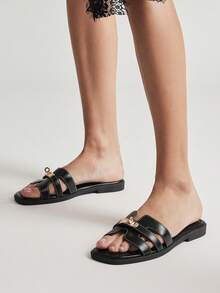 SHUZIA Women Minimalist Comfortable Metal Decor Slip-On Flat Sandals - Black - View 4