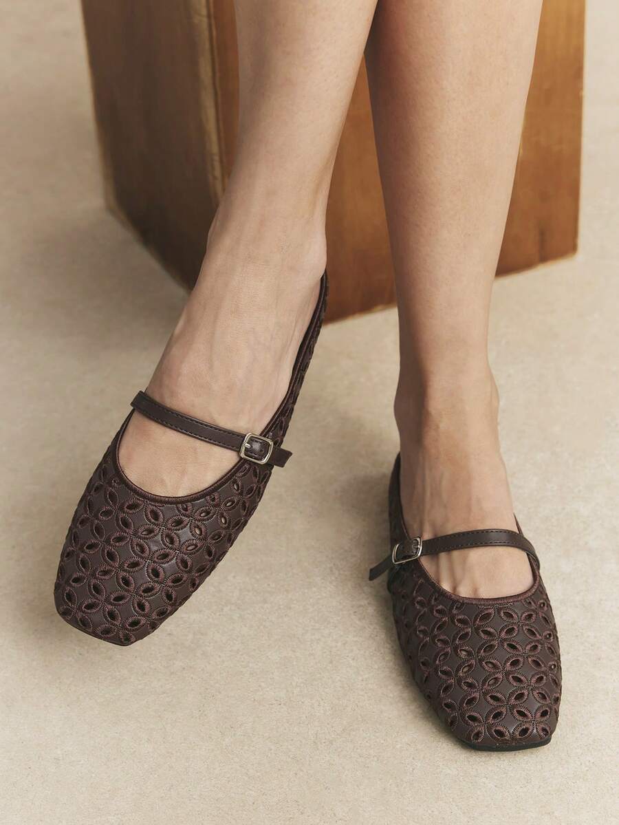 Rosivie Zapatos de mujer de nueva moda, tejidos, huecos, cómodos, transpirables, de suela plana y punta cuadrada - Café integral - Ver 1