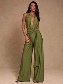 SHEIN Glamour 女士纯色深V领褶皱休闲连体裤 - 軍綠色 - 查看 5