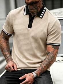 Manfinity CasualCool 男士撞色插肩短袖半开襟休闲宽松夏季Polo衫 - 卡其色 - 查看 6