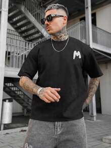 Artur Kramer 男士字母图案落肩T恤，秋季 - 黑色 - 查看 1