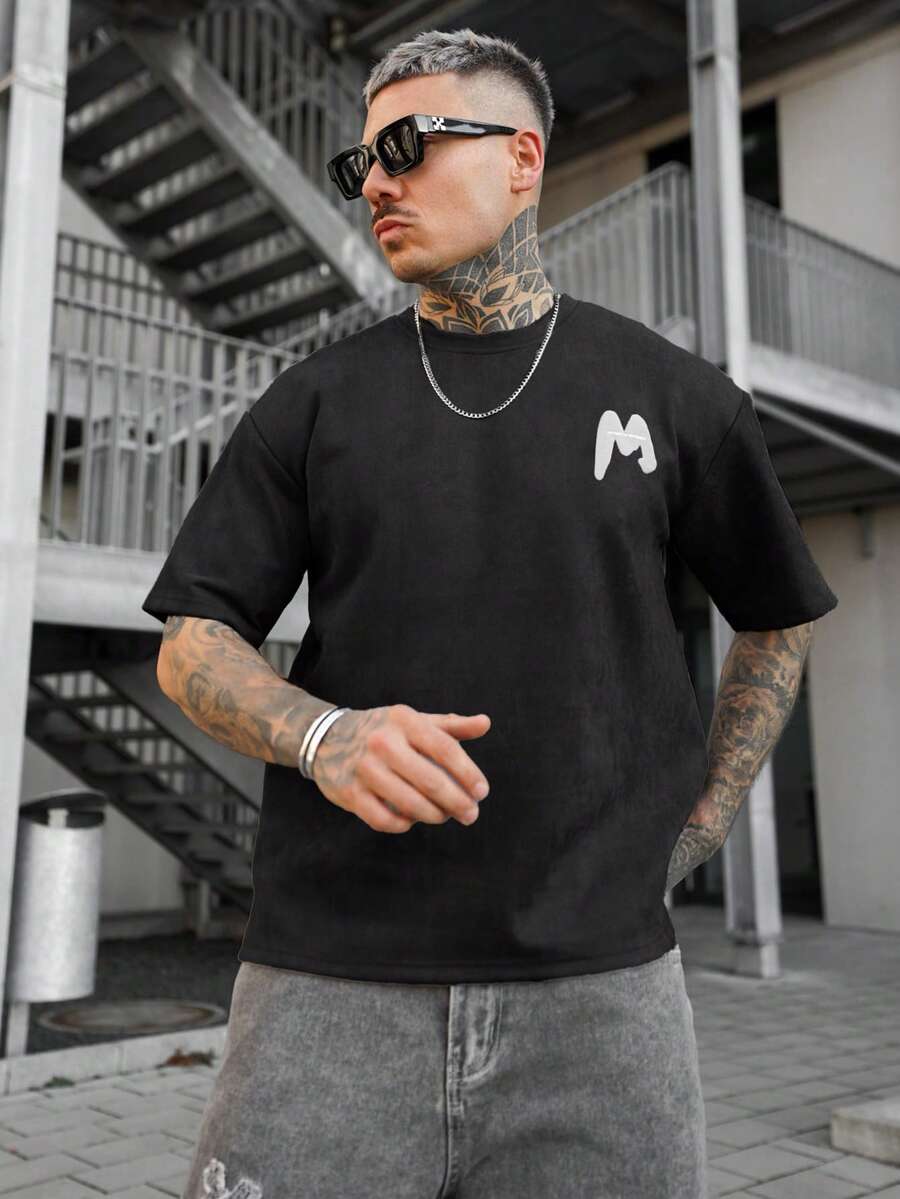 Artur Kramer 男士字母图案落肩T恤，秋季 - 黑色 - 查看 1