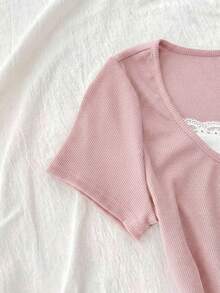 SHEIN Kids Tween Girls Pink And White,Summer,Modest,Formal Rib Knit Patchwork Lace Ruffle Bow Tight Fit Short Sleeve T-Shirt,Valentine's Day Y2K Top - Pink - View 4