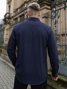 Artur Kramer 男士时尚商务休闲条纹印花长袖衬衫，秋季 - 藏蓝色 - 查看 3