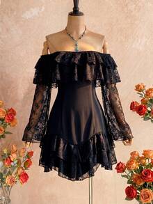 Elenzga Plus Size Women's Elegant Black Summer Tea Party Patchwork Chiffon Off-Shoulder Ruffle Hem Stretchy Long Flare Sleeve Mini Dress - Black - View 4