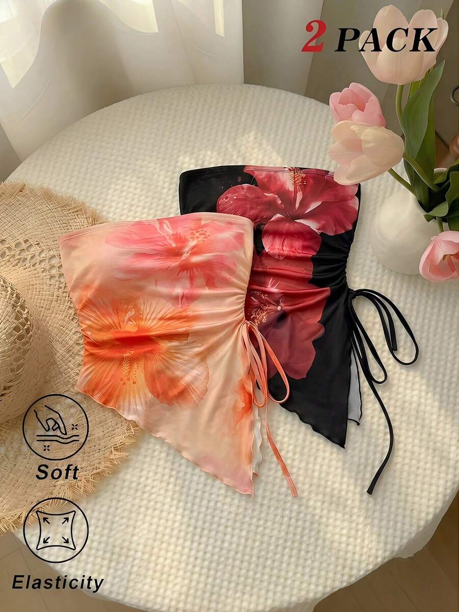 SHEIN MOD 2件套复古印花露脐吊带背心,侧边系带腰身 - 彩色 - 查看 1