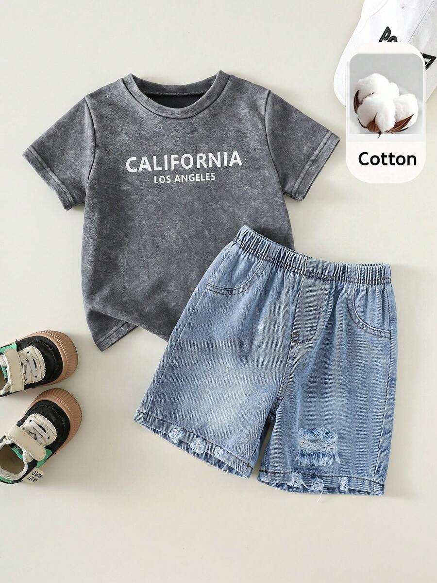 2pcs Kids Boy Summer Casual Street Chic Denim Top T-Shirt And Blue Denim Shorts Set - Multicolor - View 1