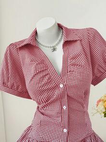 Sweetra Plus Size 2pcs Plaid Short Sleeve Shirt Ruffle Shorts Set, Casual Curve Fairycore Comfortable For Spring/Summer Vacation White - Red and White - View 5