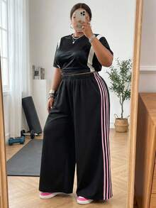 SHEIN CURVE+ Women's Black Knit Wide Leg Casual Sweatpants - Black - View 10