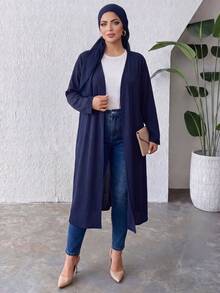 SHEIN Lady CURVE 秋季大码女式纯色卷边袖休闲长款夹克 - 藍色 - 查看 7