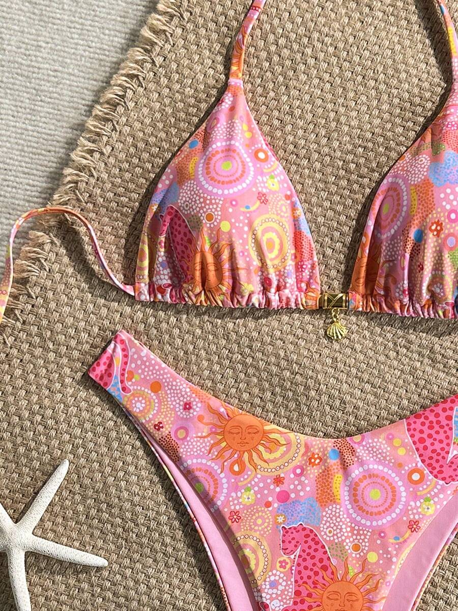 Swim Mod 2pcs/Set Pink,Summer,Boho,Beach Vacation,Holiday,Holiday Zebra Print Halter Bikini Top Golden Shell Decor High Cut Swim Bottoms Swimwear Set - Multicolor - View 1