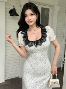 Modelyn Đầm midi mùa hè thanh lịch kiểu Pháp, chất liệu lưới trắng chấm bi phối ren xếp nếp, dành cho nữ. - Đen và trắng - Xem 6