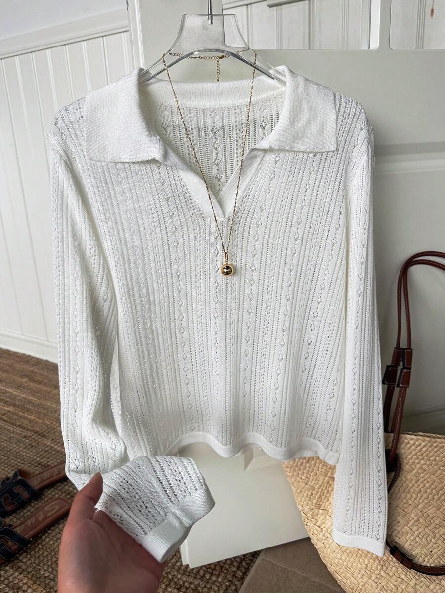 Elamini Damtröja med perforerad, ihålig stickning och texturerad krage, vår/sommar, casual - Beige - Visa 1