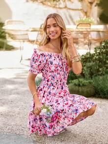 KARISMINA Rochie de vacanță de primăvară/vară, cu imprimeu floral, țesătură, cu umeri goi, în linie A, cu talie strâmtă, rochie de vară, plajă, romantică - Roz - Vizualizare 7