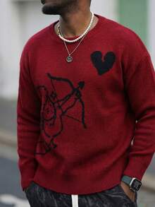 Heavens Edit ANDREILEE 男士可爱简约时尚天使射心提花图案黑色长袖毛衣，男女通用休闲宽松针织套头衫，适合秋冬季穿着 - 紅色 - 查看 3