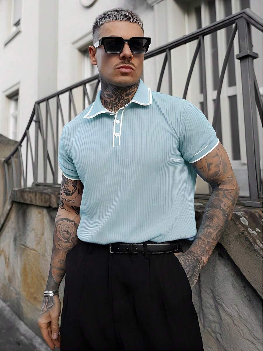 Artur Kramer European & American Style Men's Casual Contrast Color Polo Shirt With Turndown Collar And Buttons, Short Sleeve, Summer - Mint Blue - View 1