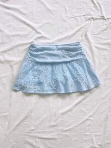 Soleia Women's Floral Embroidery Pleated Casual Cute Versatile Date Vacation Outing Mini Skirt Blue And White Flower Summer - Baby Blue - View 3