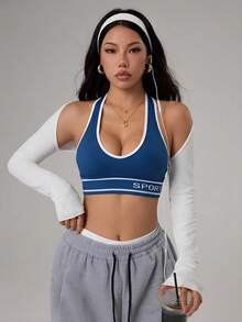 Dewbera Sujetador deportivo con recorte de estampado de letras para mujer - Azul Marino - Ver 5