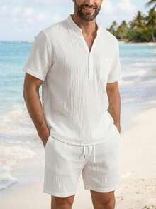 VENTUSAIL 男士纯色简约休闲短袖衬衫短裤套装 - 白色 - 查看 4