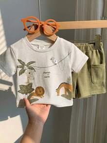 SHEIN 2pcs/Set Baby Boy/Girl Casual Cute Giraffe Print Round Neck Loose Knit Top T-Shirt And Shorts Set, Suitable For Spring/Summer Wear - Multicolor - View 3