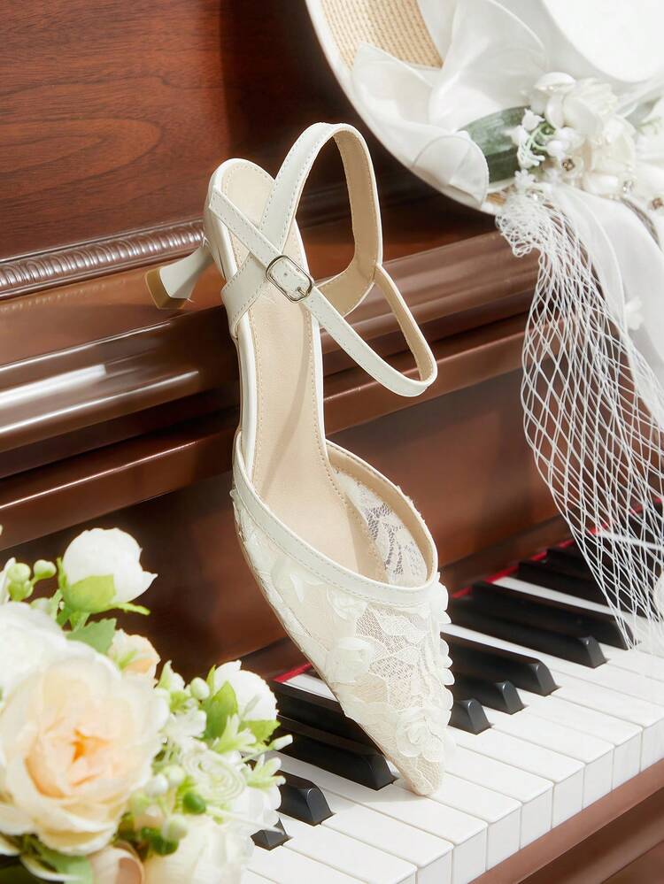 CUCCOO HITCHD Women Shoes Nude Lace Mesh Backspace High Heels Pointed Low Heel Bridesmaids Attendance Shoes Women