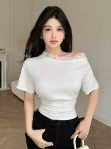 Modelyn White Asymmetrical Shoulder Lace Trim Waist Fitted Short Sleeve T-Shirt - White - View 3