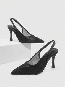 CUCCOO SZL Sepatu hak tinggi slip-on satin berhiaskan kristal/berlian imitasi dengan ujung runcing untuk pesta/acara malam, cocok untuk Natal. - Hitam - View 2