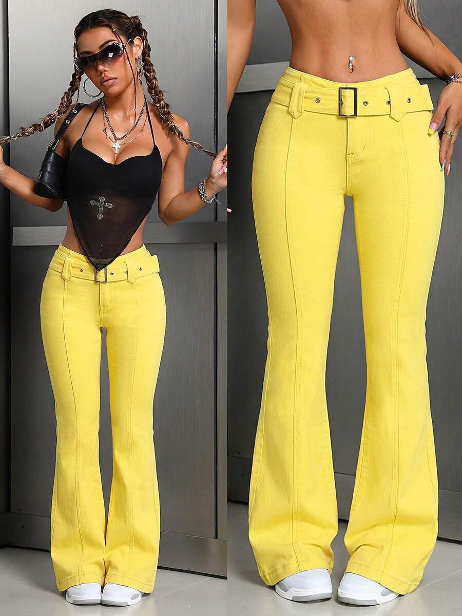 SHEIN Tall 復古丹寧喇叭褲附腰帶,適合高個女性 - 黃色 - 查看 1